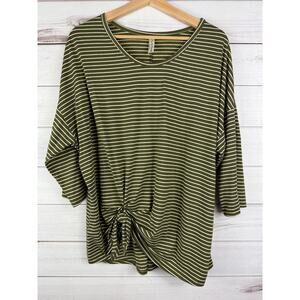 Per Seption‎ Concept Women's Green White Striped Quarter Sleeve Tie Knot Top XL